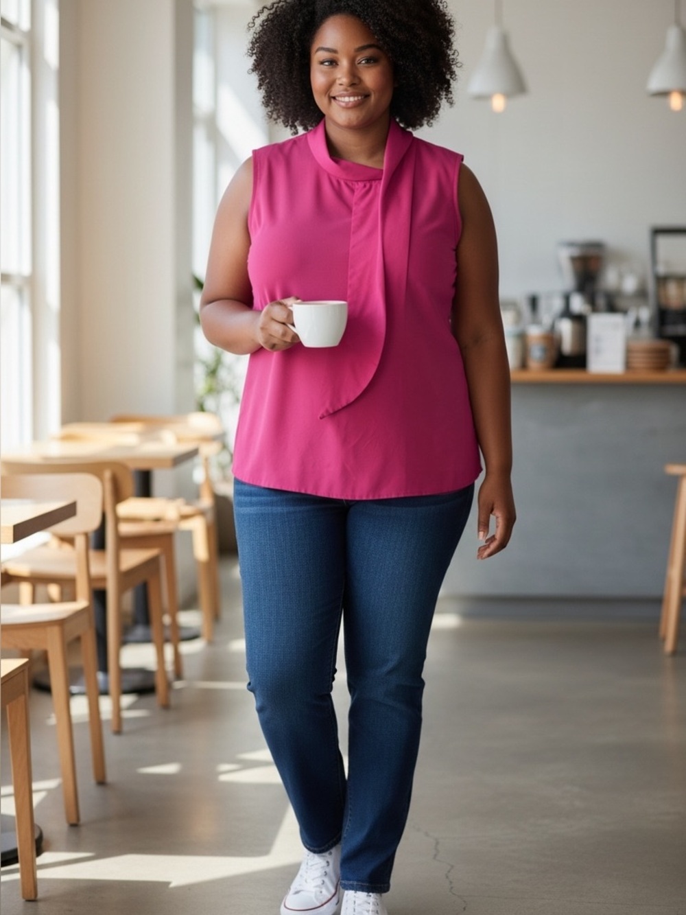 Pink Sleeveless Tie-Neck Blouse